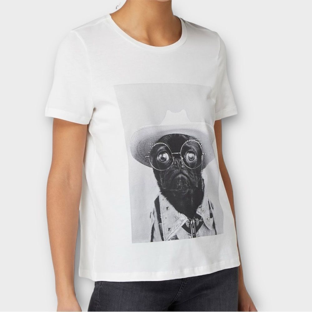 Vero Moda Embellished Graphic Pug Tee in White Women’s Size M